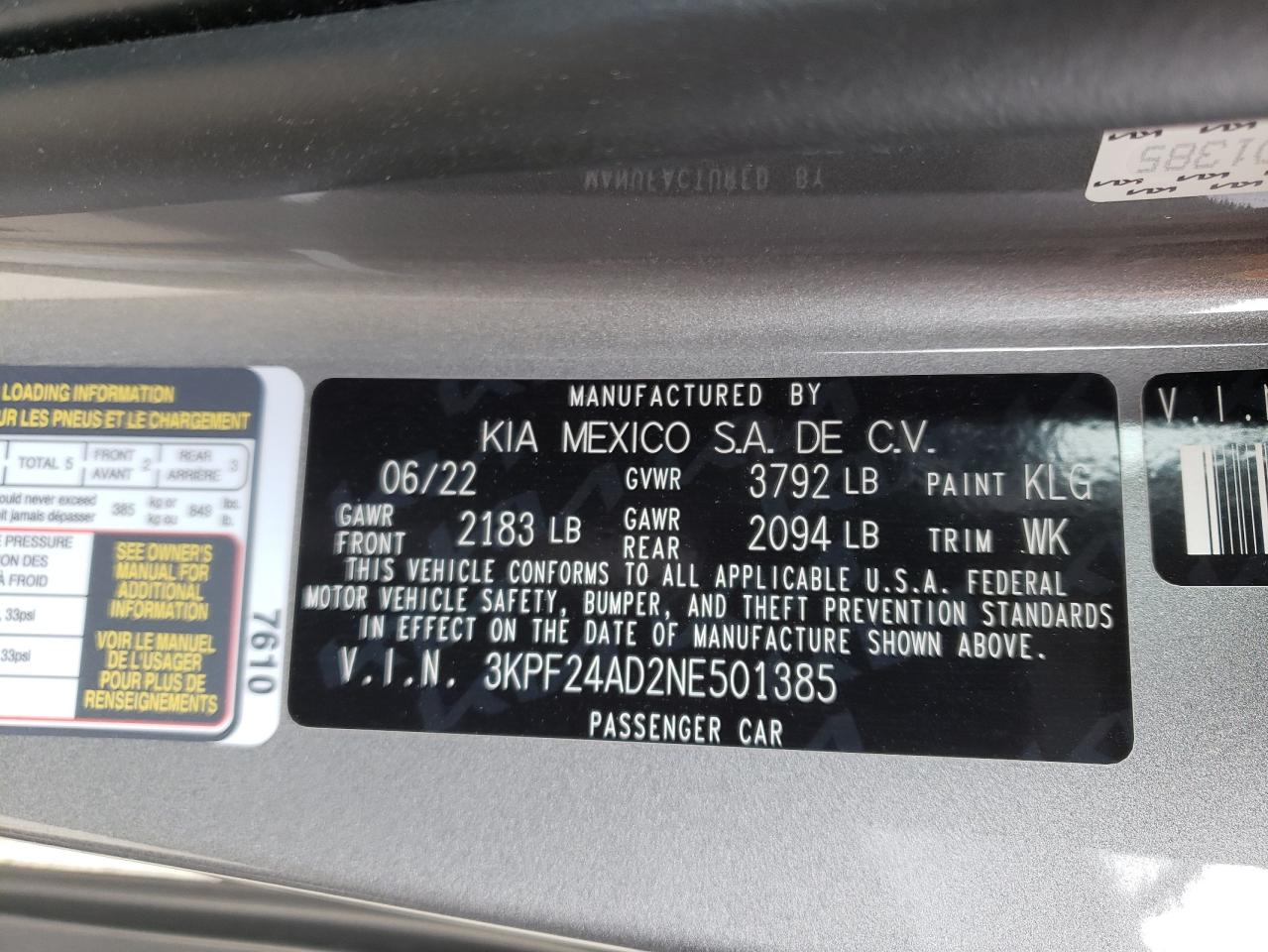 2022 KIA FORTE FE VIN:3KPF24AD2NE501385