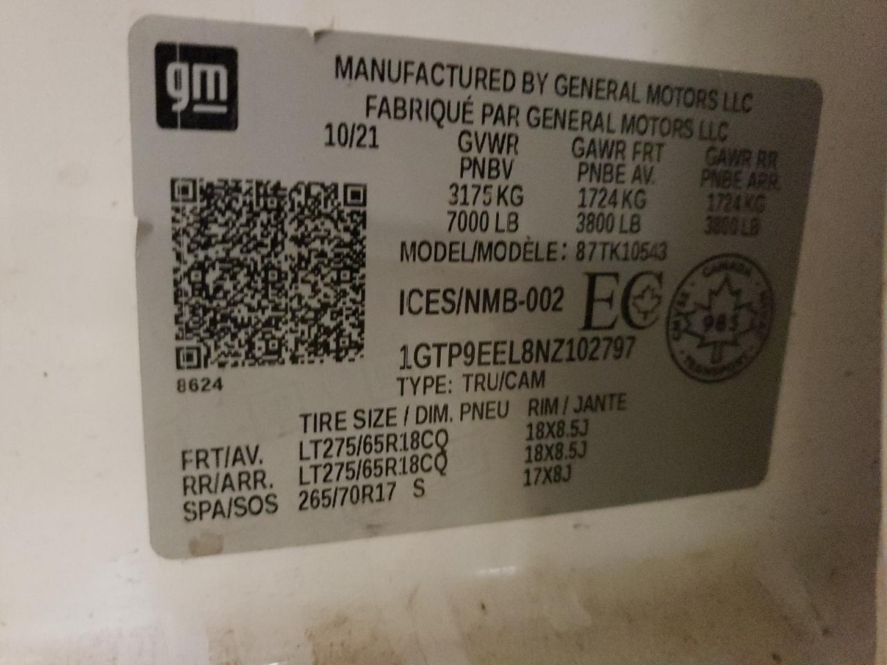 2022 GMC SIERRA LIMITED K1500 AT4 VIN:1GTP9EEL8NZ102797