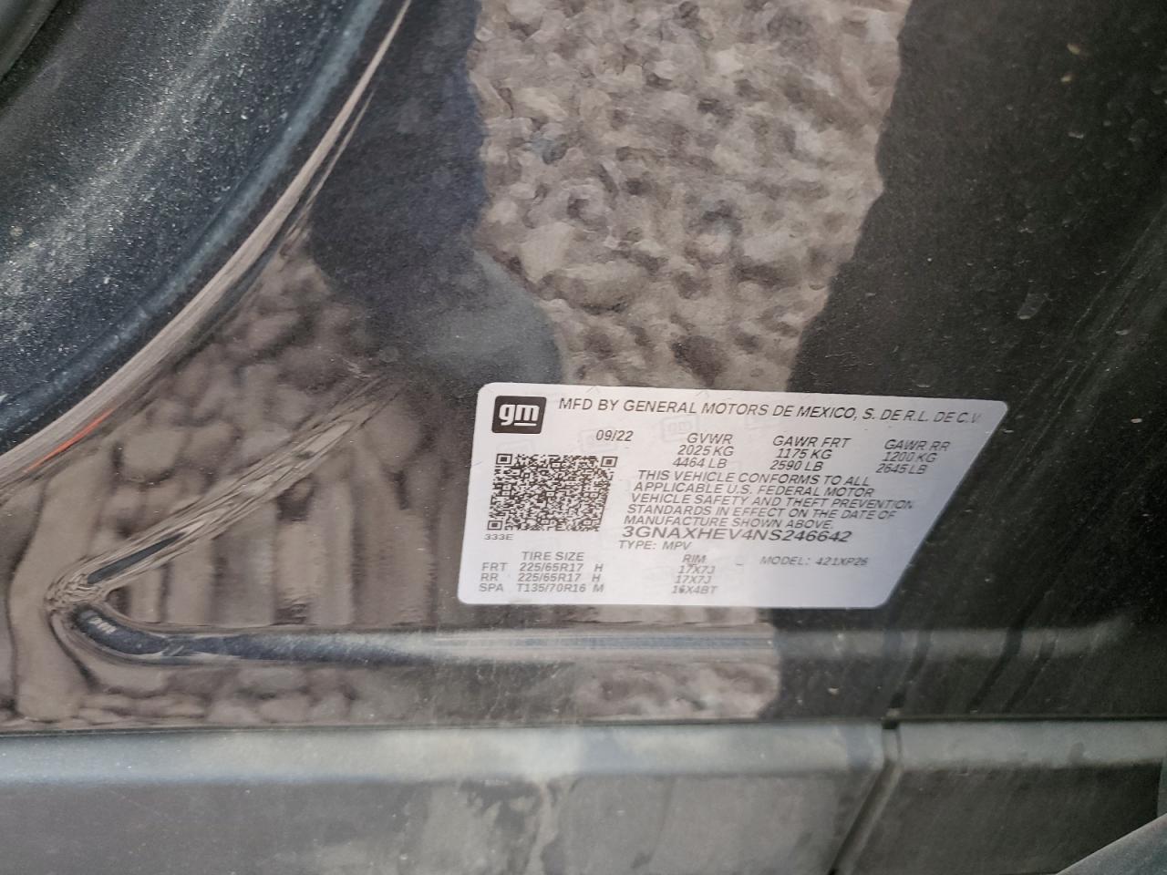 2022 CHEVROLET EQUINOX LS VIN:3GNAXHEV4NS246642