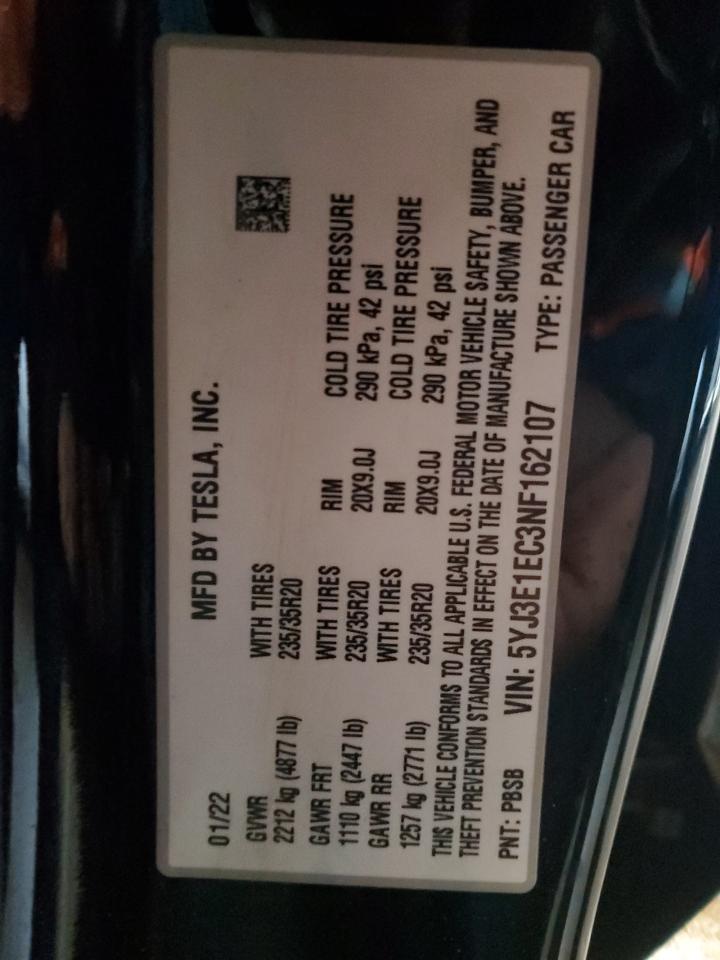 2022 TESLA MODEL 3  VIN:5YJ3E1EC3NF162107