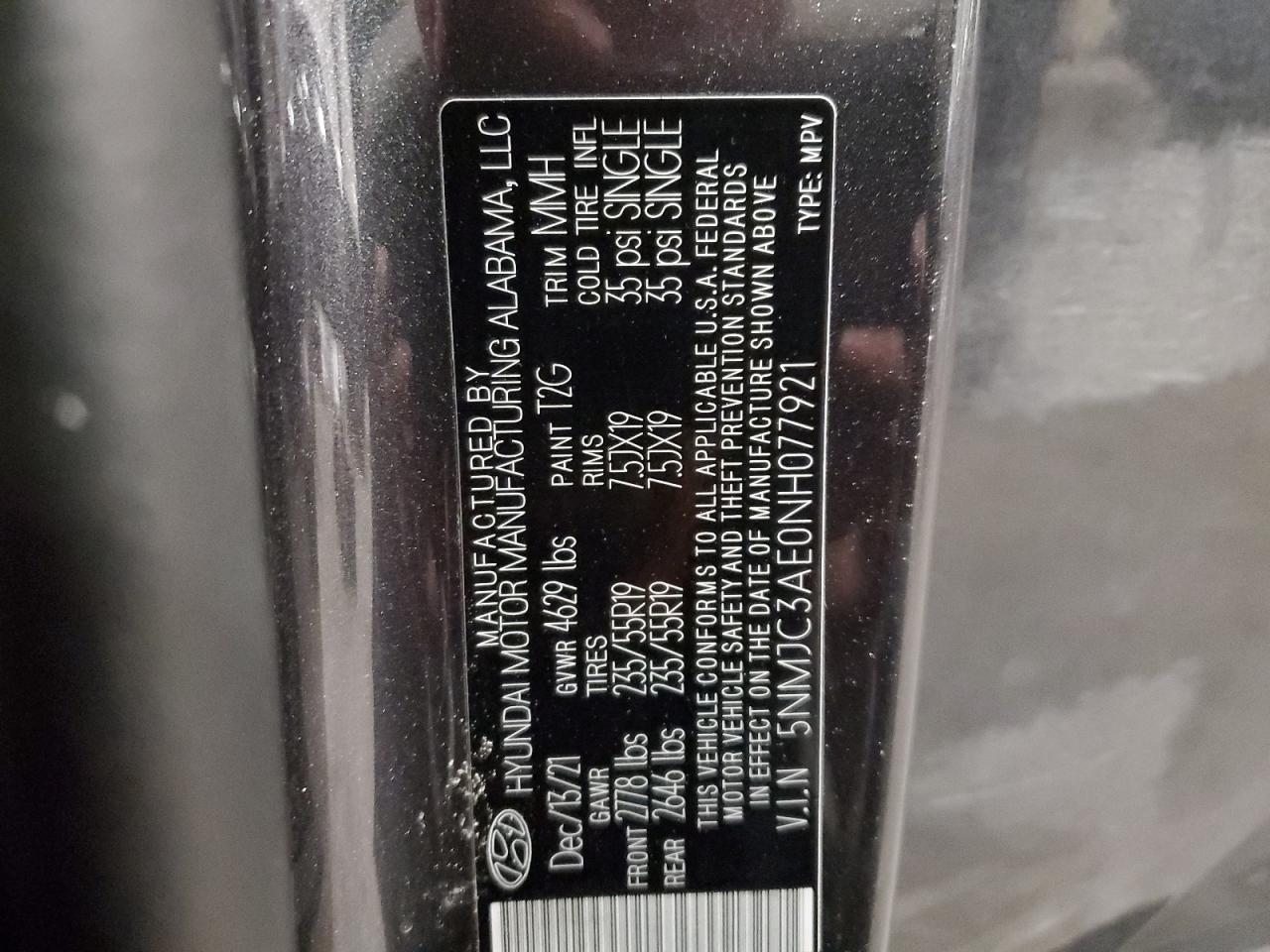 2022 HYUNDAI TUCSON SEL VIN:5NMJC3AE0NH077921