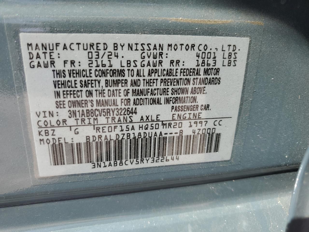 2024 NISSAN SENTRA SV VIN:3N1AB8CV5RY322644