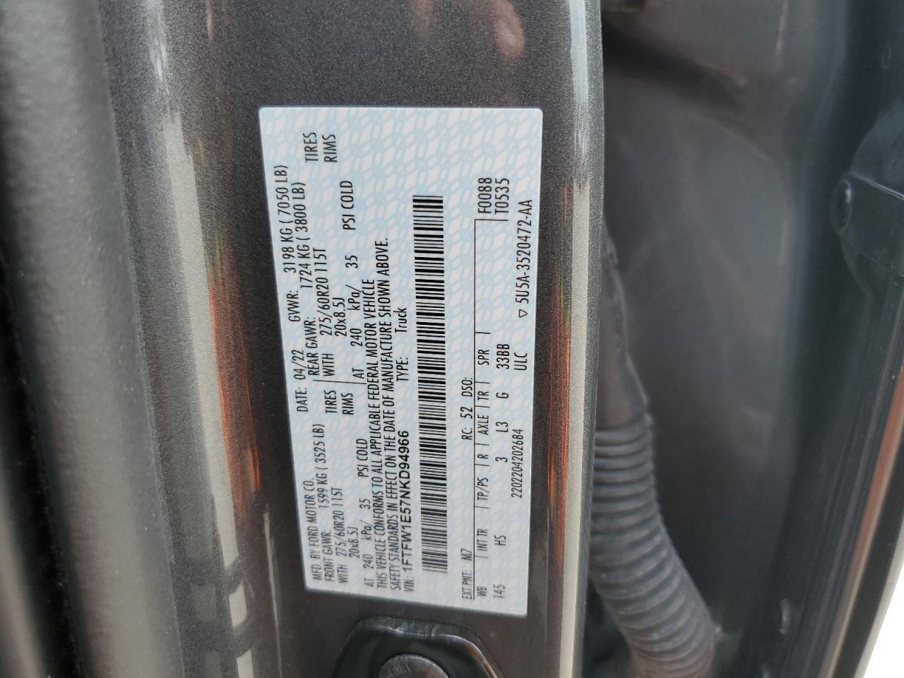 2022 FORD F150 SUPERCREW VIN:1FTFW1E57NKD94966