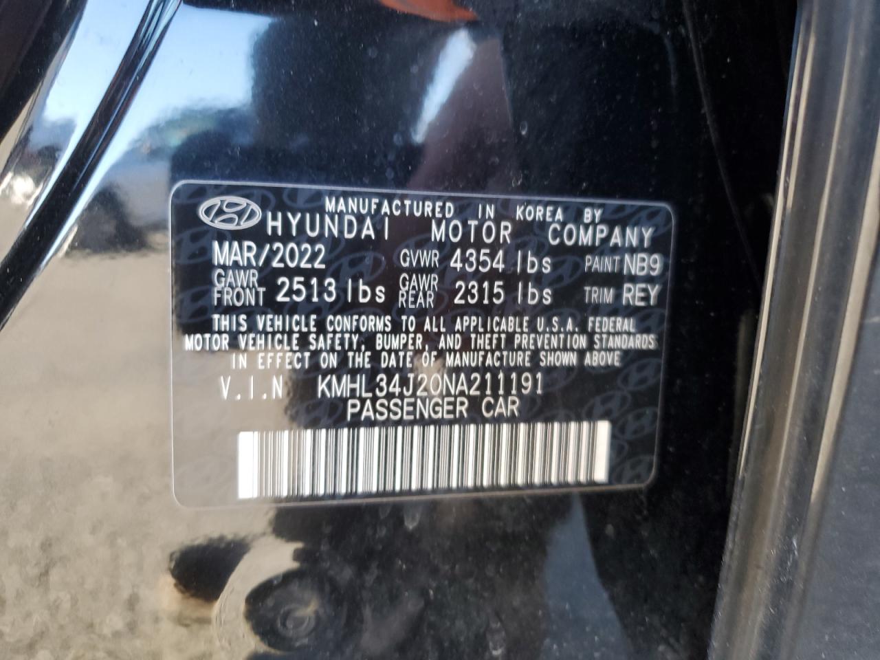 2022 HYUNDAI SONATA LIMITED VIN:KMHL34J20NA211191