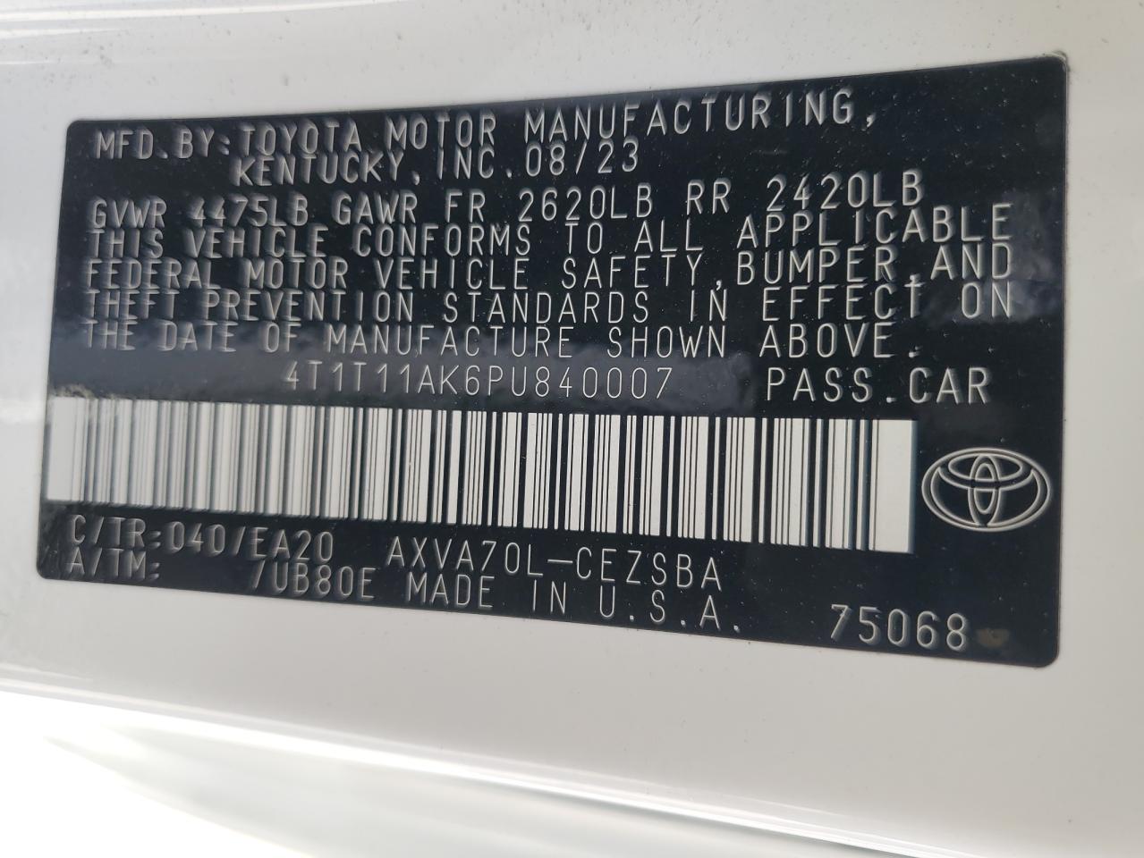 2023 TOYOTA CAMRY SE NIGHT SHADE VIN:4T1T11AK6PU840007