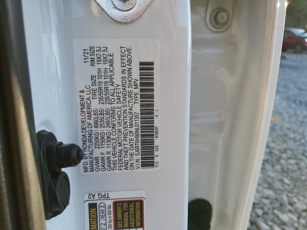 2022 HONDA CR-V TOURING VIN:5J6RT6H90NL011357