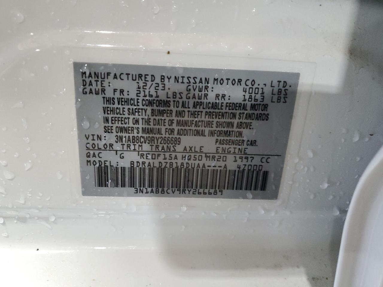 2024 NISSAN SENTRA SV VIN:3N1AB8CV9RY266689