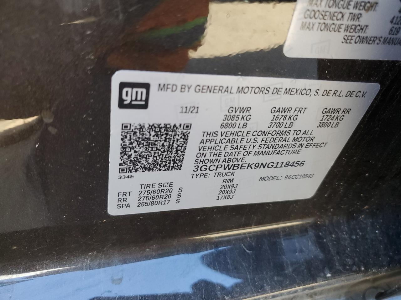 2022 CHEVROLET SILVERADO LTD C1500 CUSTOM VIN:3GCPWBEK9NG118456