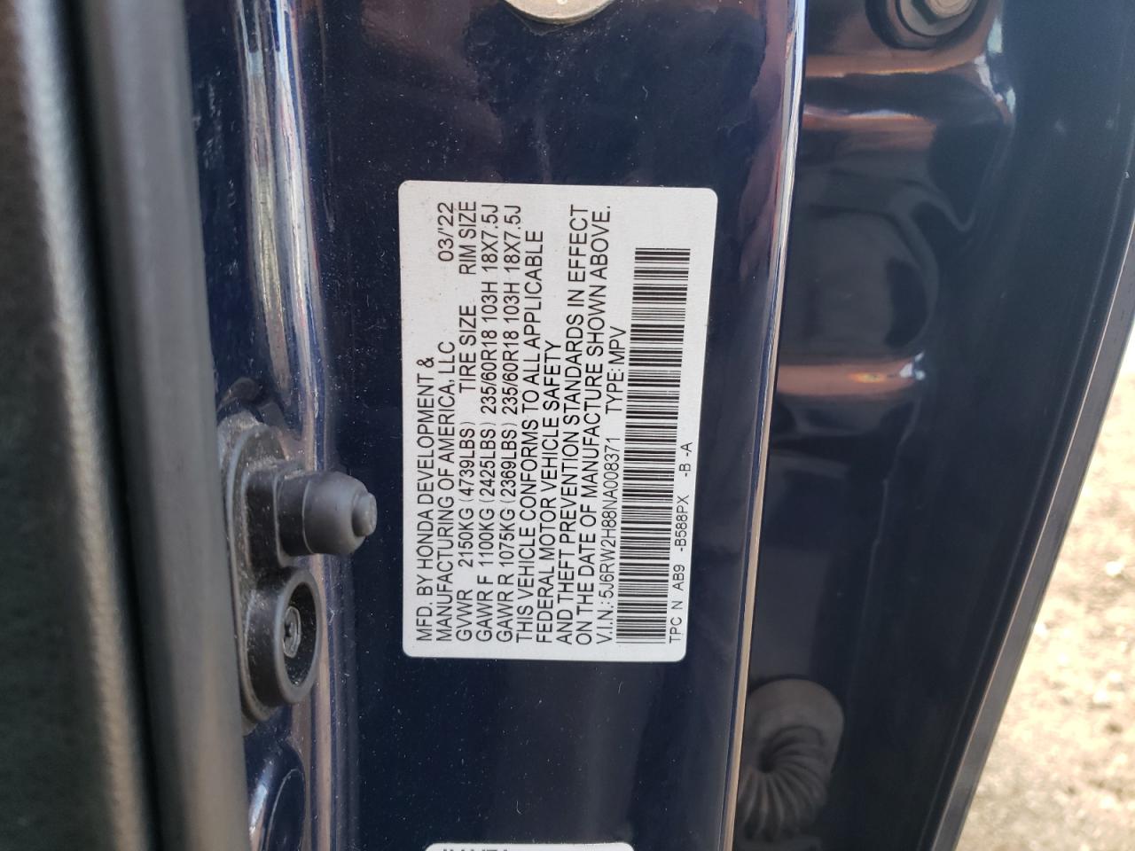 2022 HONDA CR-V EXL VIN:5J6RW2H88NA008371