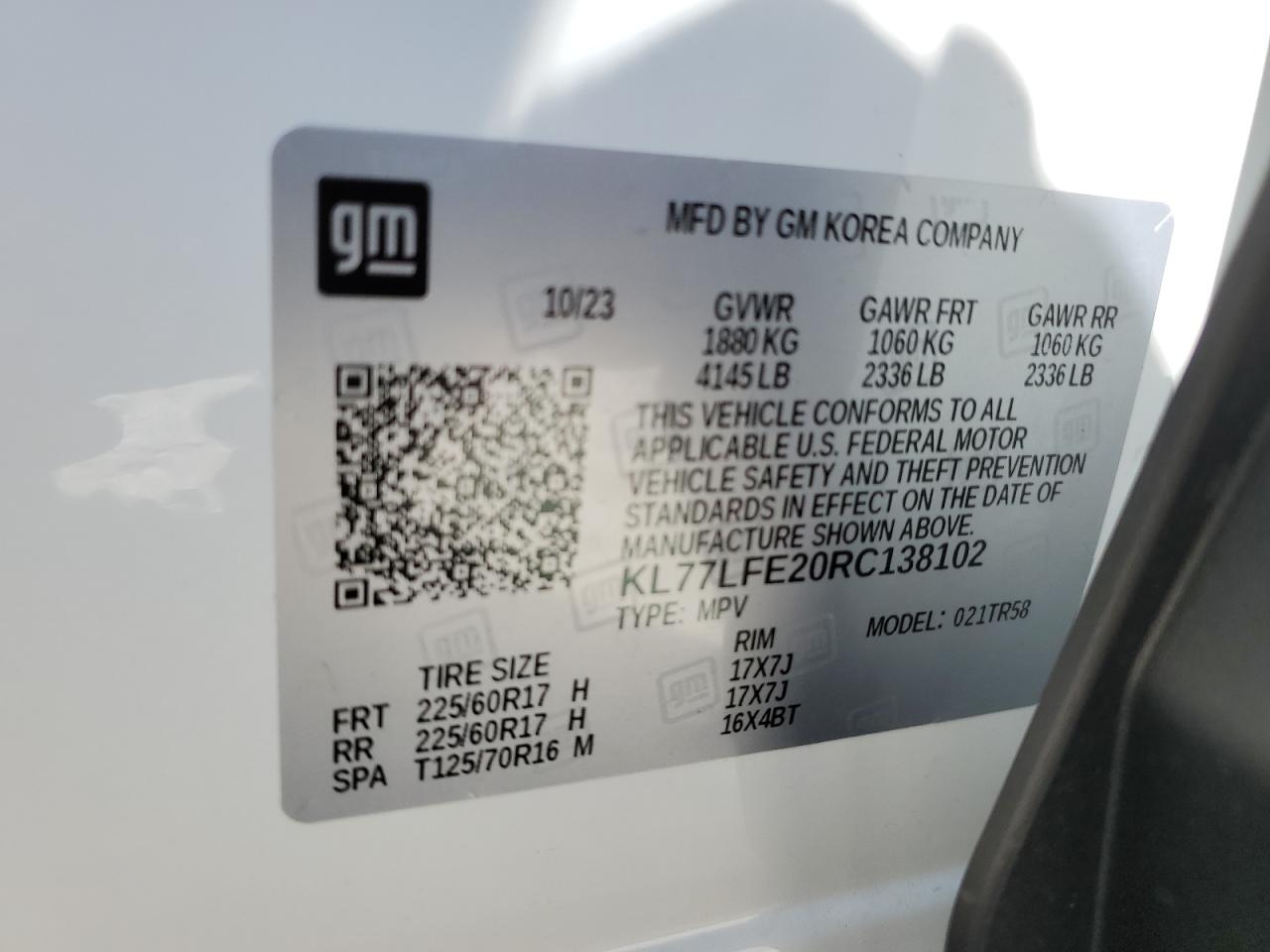 2024 CHEVROLET TRAX LS VIN:KL77LFE20RC138102