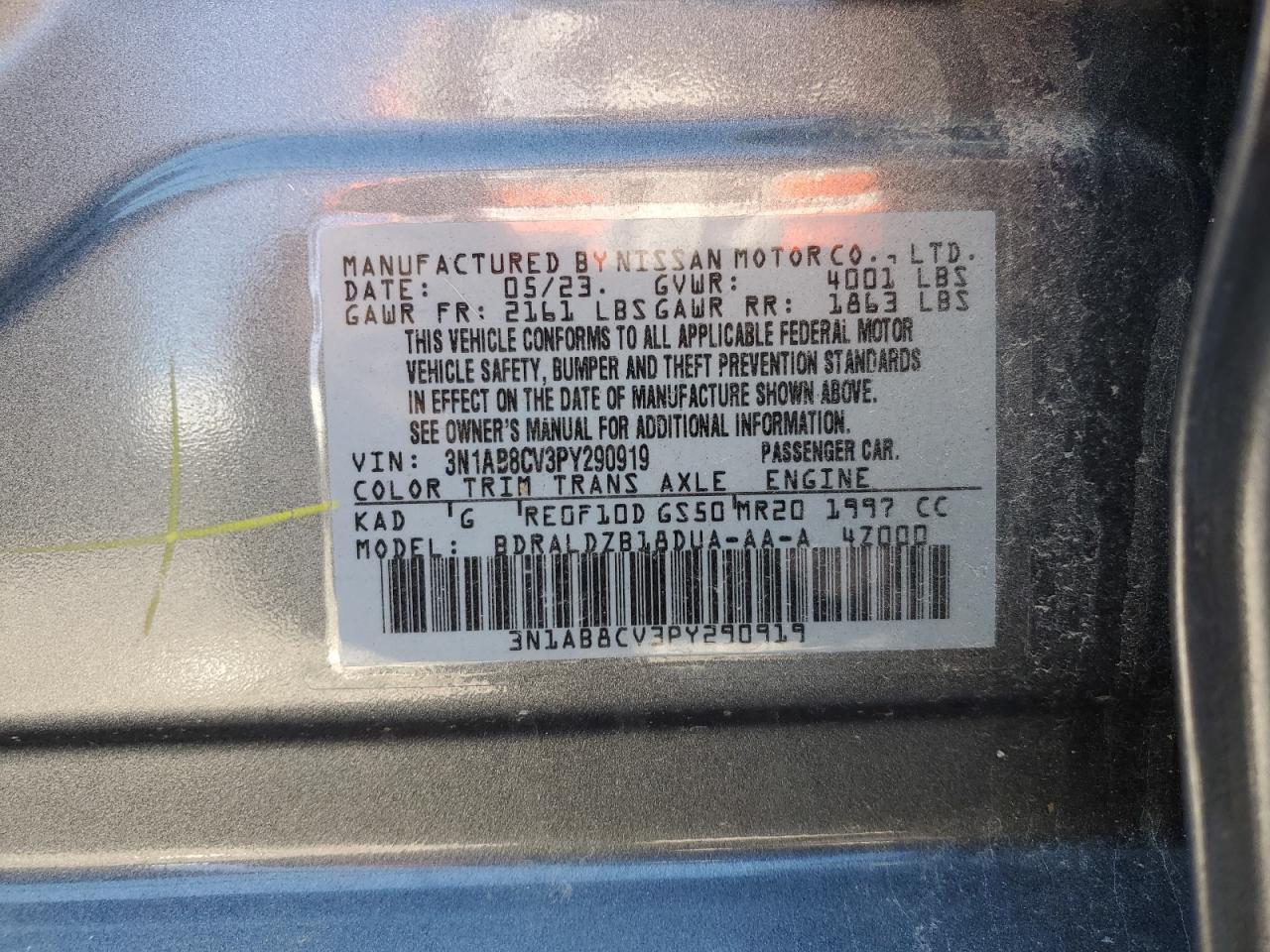2023 NISSAN SENTRA SV VIN:3N1AB8CV3PY290919