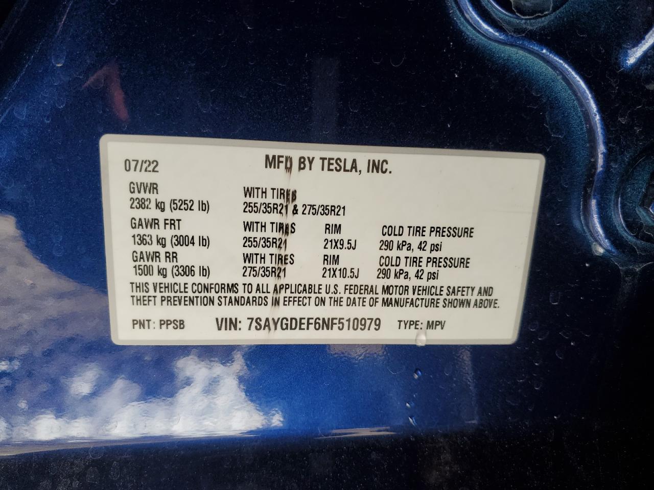 2022 TESLA MODEL Y  VIN:7SAYGDEF6NF510979