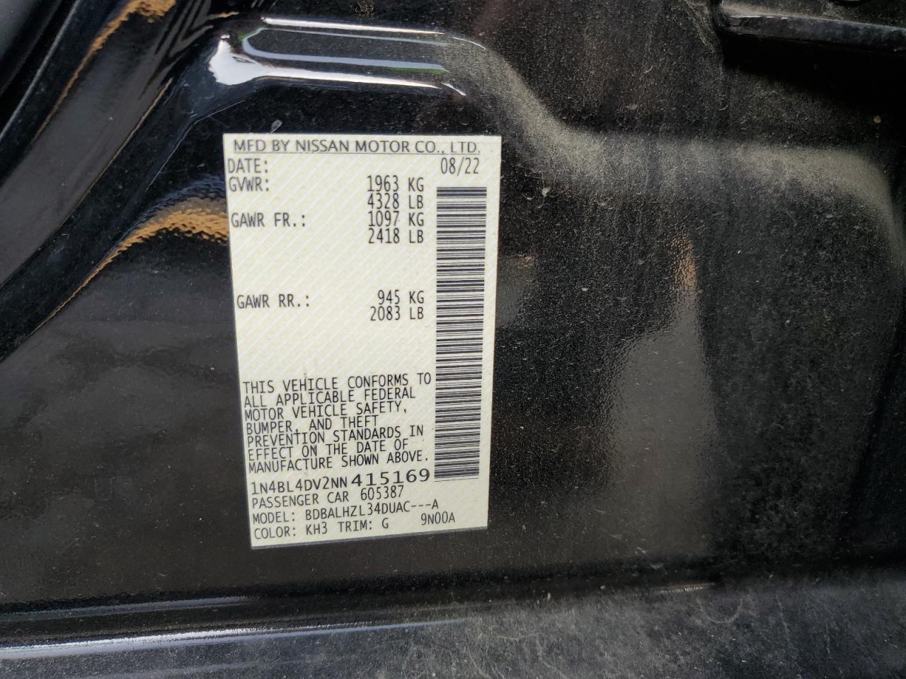 2022 NISSAN ALTIMA SV VIN:1N4BL4DV2NN415169