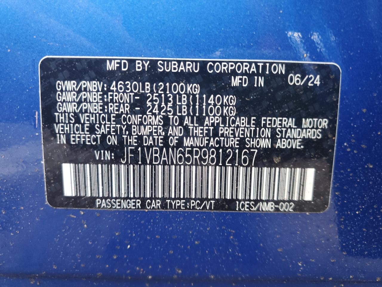 2024 SUBARU WRX LIMITED VIN:JF1VBAN65R9812167