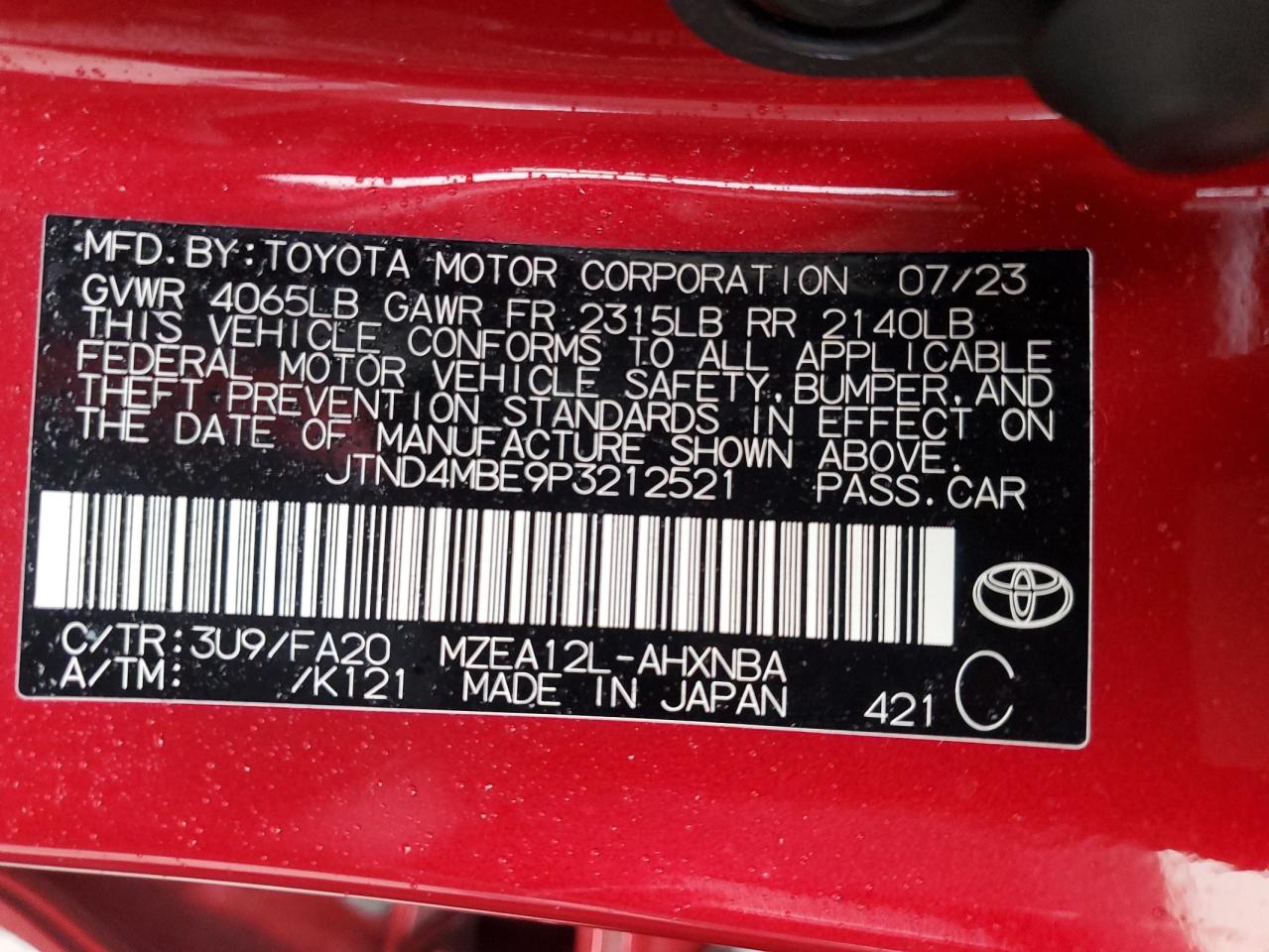 2023 TOYOTA COROLLA SE VIN:JTND4MBE9P3212521