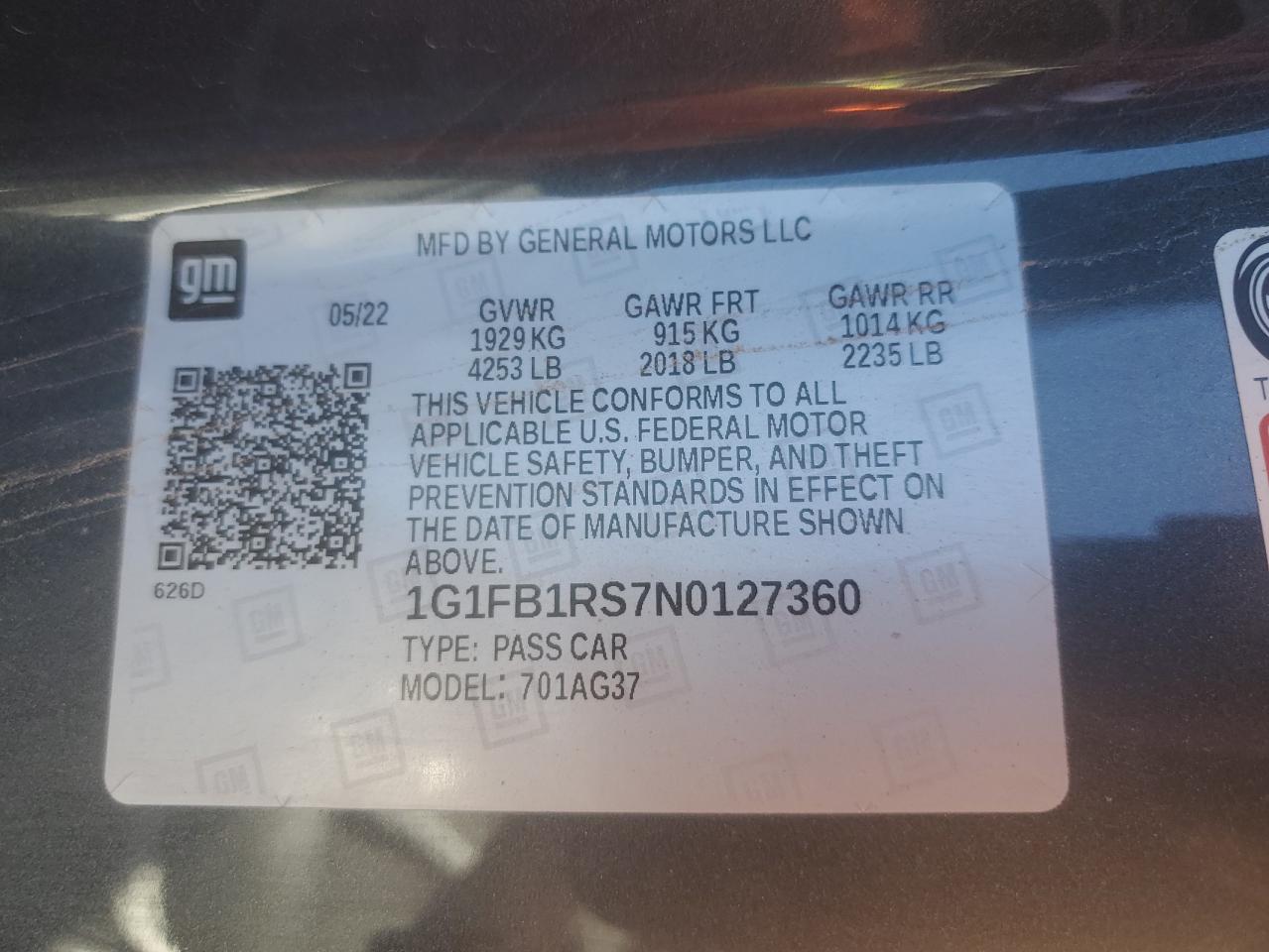 2022 CHEVROLET CAMARO LS VIN:1G1FB1RS7N0127360