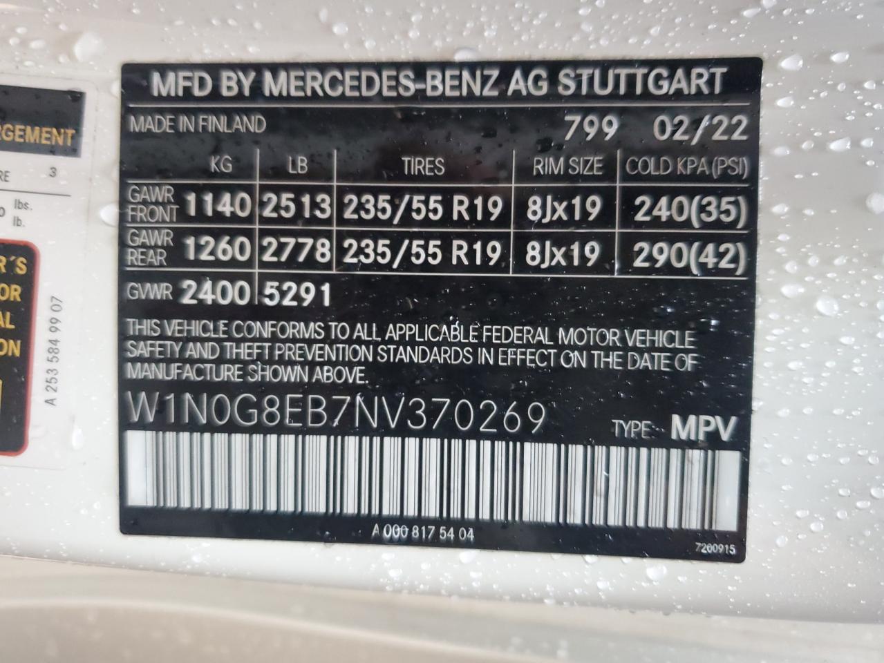 2022 MERCEDES-BENZ GLC 300 4MATIC VIN:W1N0G8EB7NV370269