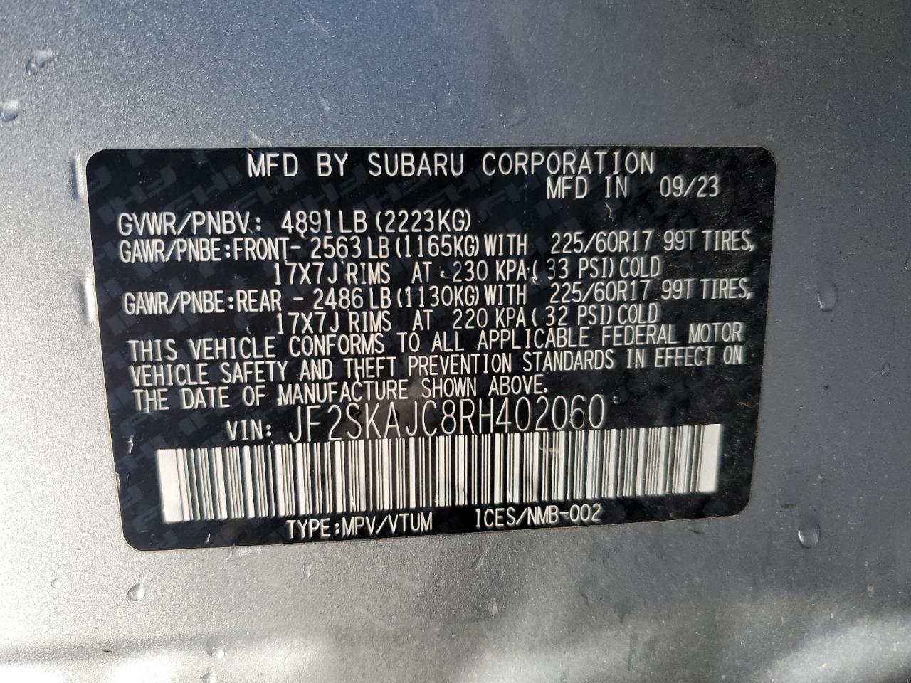 2024 SUBARU FORESTER WILDERNESS VIN:JF2SKAJC8RH402060