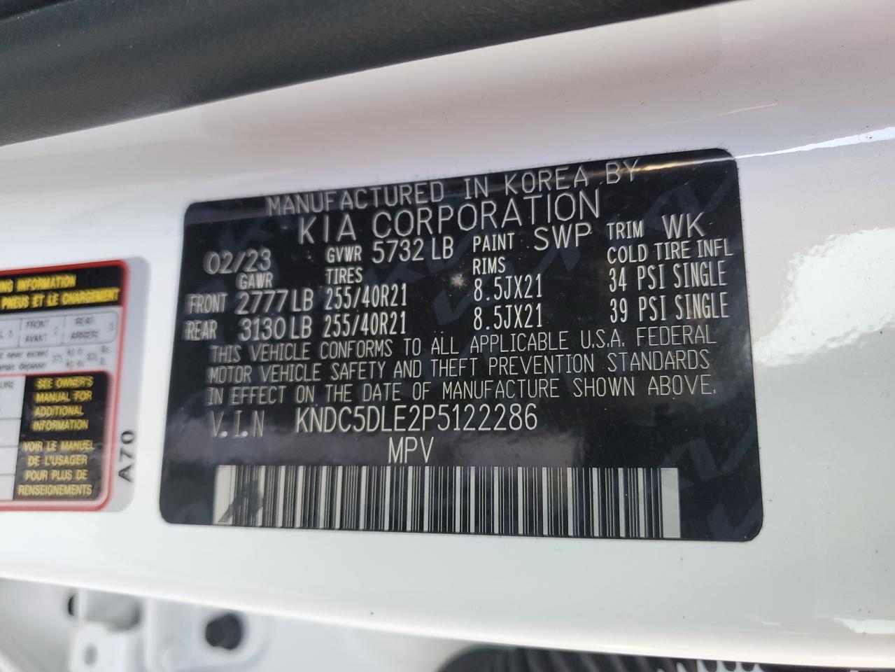 2023 KIA EV6 GT VIN:KNDC5DLE2P5122286