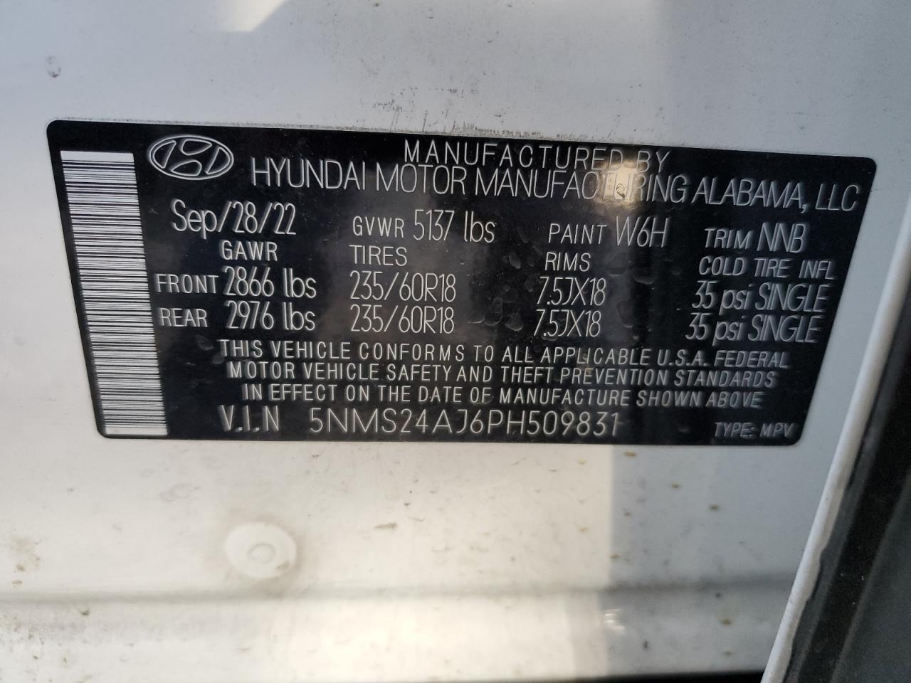 2023 HYUNDAI SANTA FE SEL VIN:5NMS24AJ6PH509831