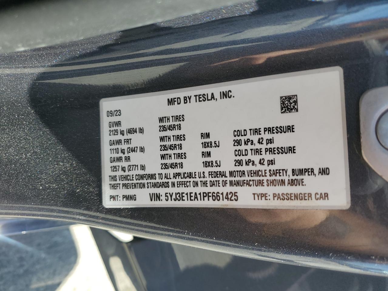 2023 TESLA MODEL 3  VIN:5YJ3E1EA1PF661425