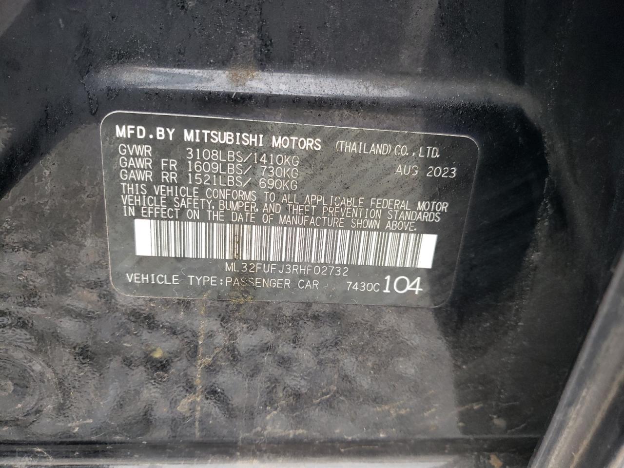 2024 MITSUBISHI MIRAGE G4 ES VIN:ML32FUFJ3RHF02732