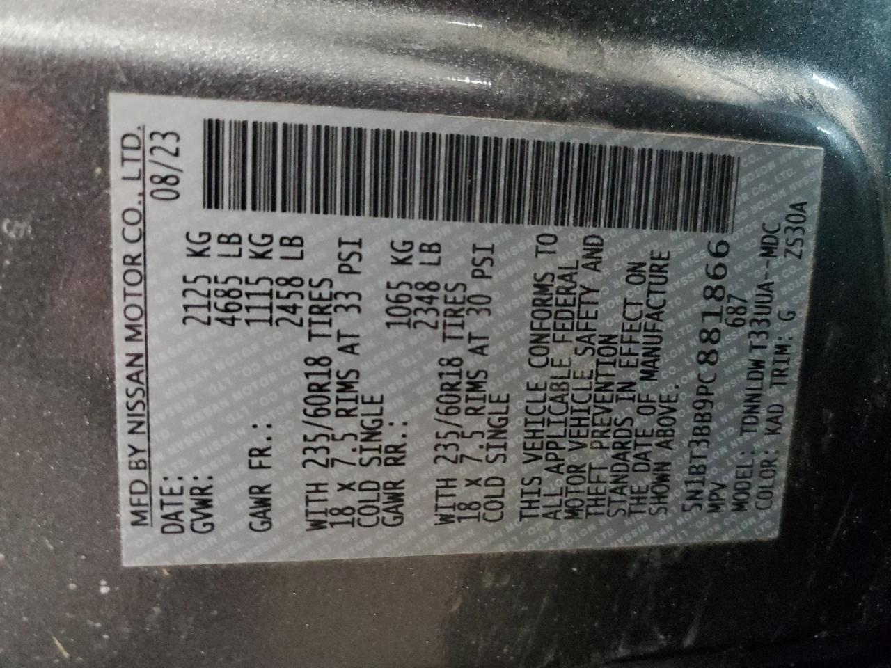 2023 NISSAN ROGUE SV VIN:5N1BT3BB9PC881866