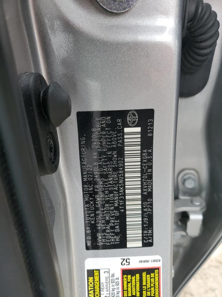 2022 TOYOTA CAMRY XLE VIN:4T1F31AK5NU584902