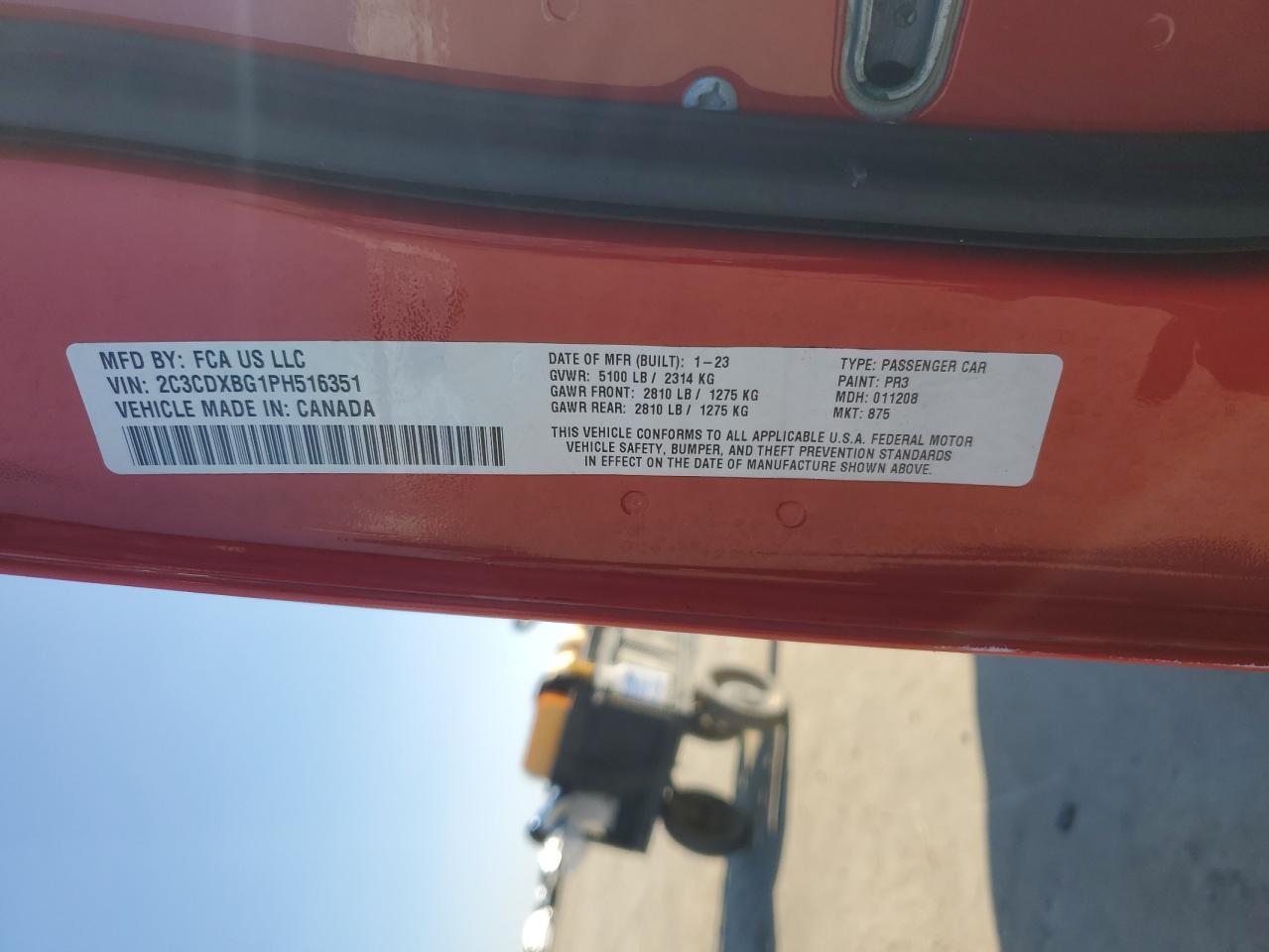 2023 DODGE CHARGER SXT VIN:2C3CDXBG1PH516351