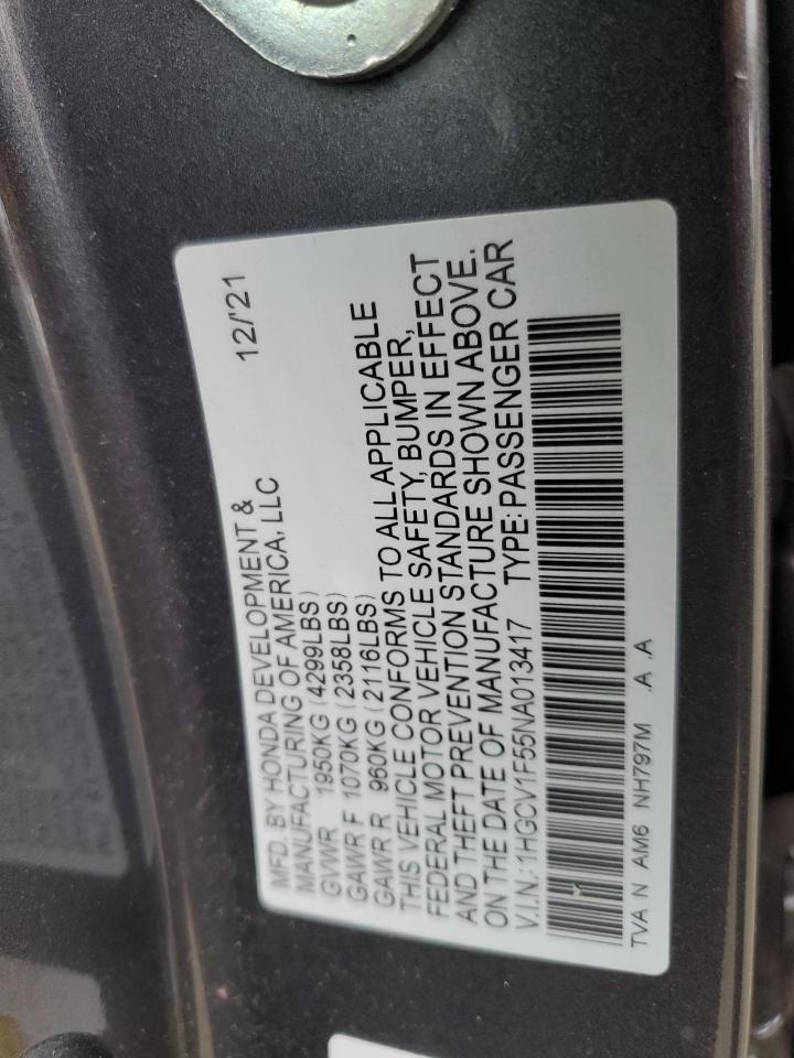 2022 HONDA ACCORD EXL VIN:1HGCV1F55NA013417