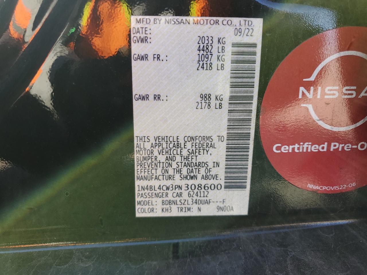 2023 NISSAN ALTIMA SR VIN:1N4BL4CW3PN308600