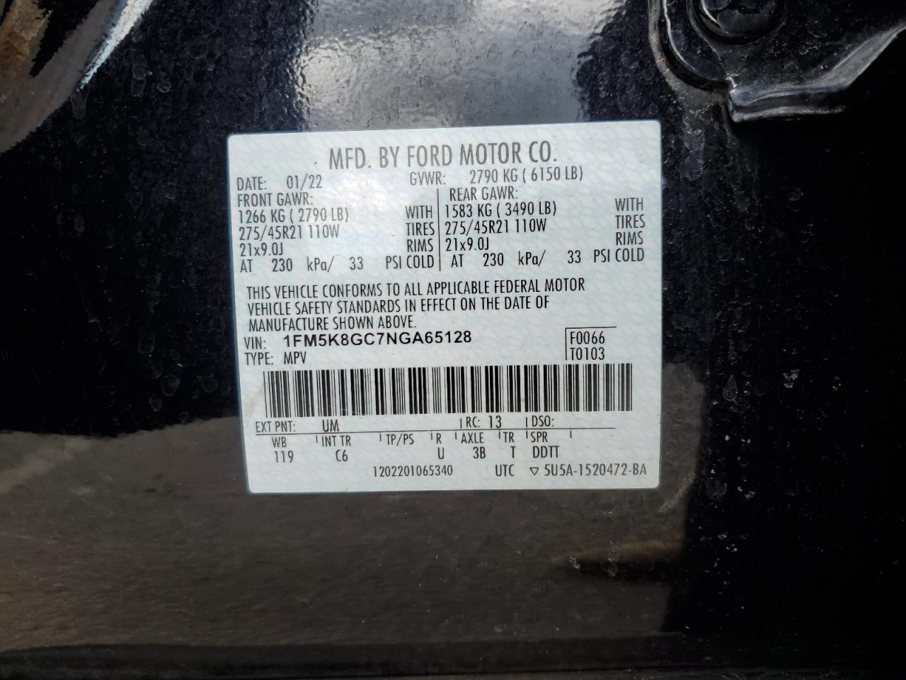 2022 FORD EXPLORER ST VIN:1FM5K8GC7NGA65128