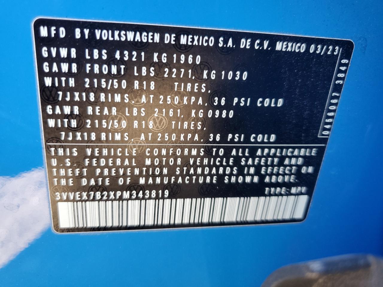 2023 VOLKSWAGEN TAOS SE VIN:3VVEX7B2XPM343819