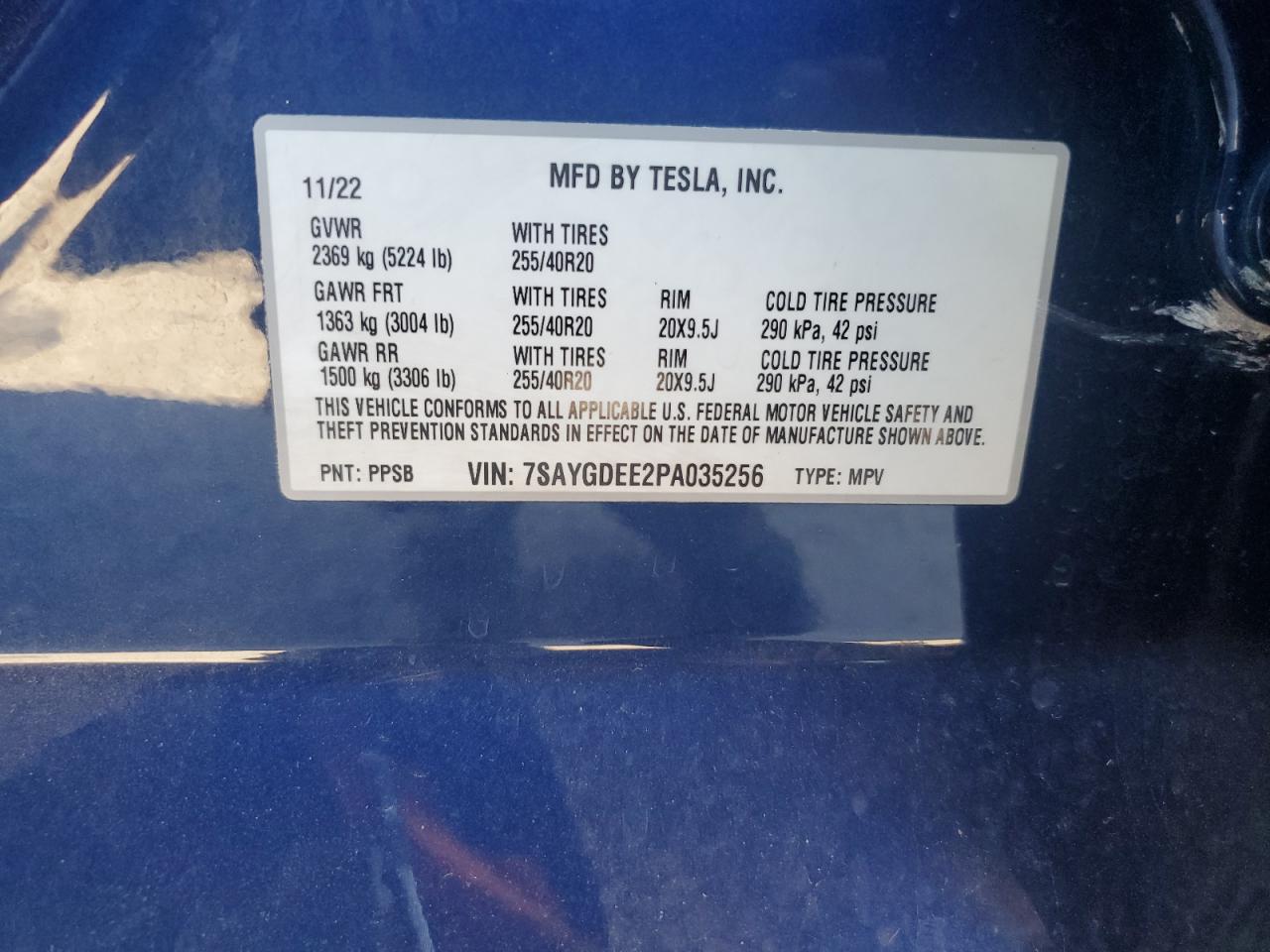 2023 TESLA MODEL Y  VIN:7SAYGDEE2PA035256