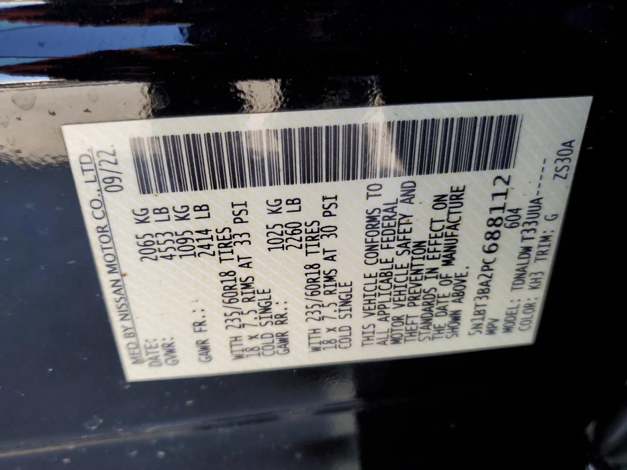 2023 NISSAN ROGUE SV VIN:5N1BT3BA2PC688112
