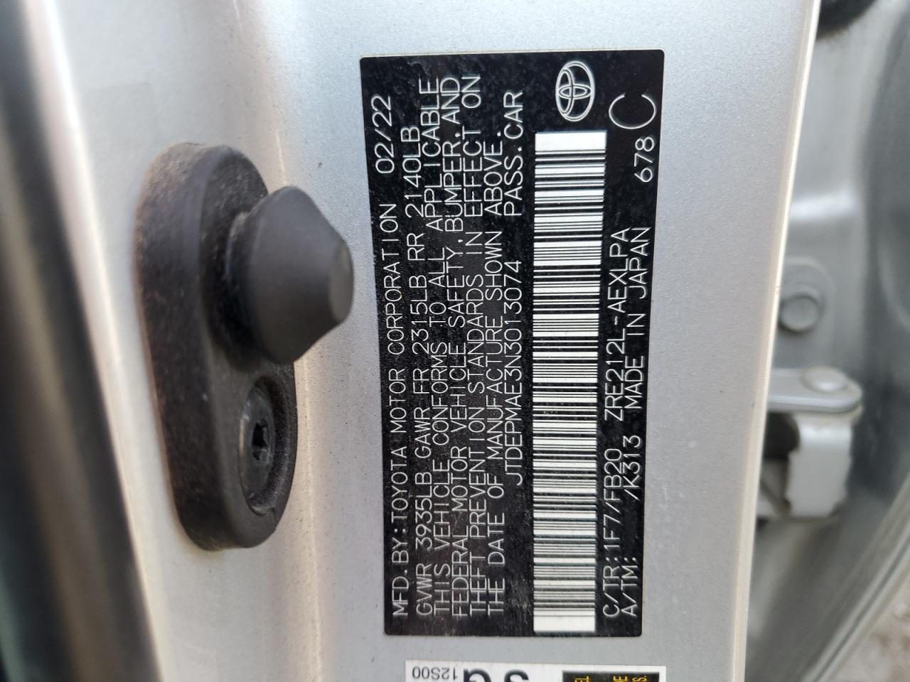 2022 TOYOTA COROLLA LE VIN:JTDEPMAE3N3013074