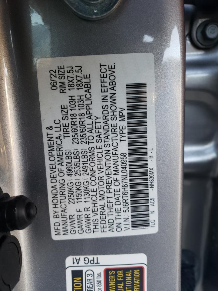2022 HONDA CR-V EXL VIN:5J6RT6H87NL040958