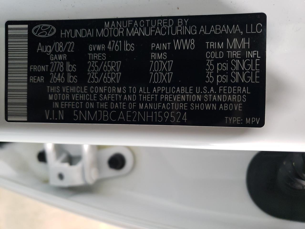 2022 HYUNDAI TUCSON SEL VIN:5NMJBCAE2NH159524