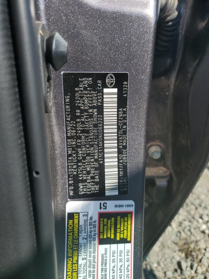 2022 TOYOTA CAMRY LE VIN:4T1C11AK0NU066222