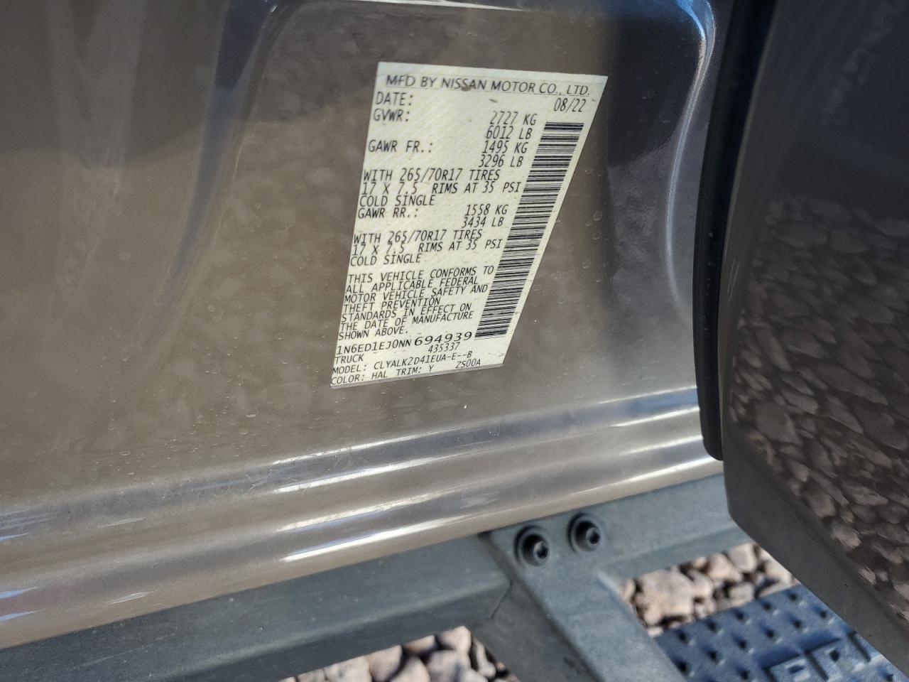 2022 NISSAN FRONTIER S VIN:1N6ED1EJ0NN694939