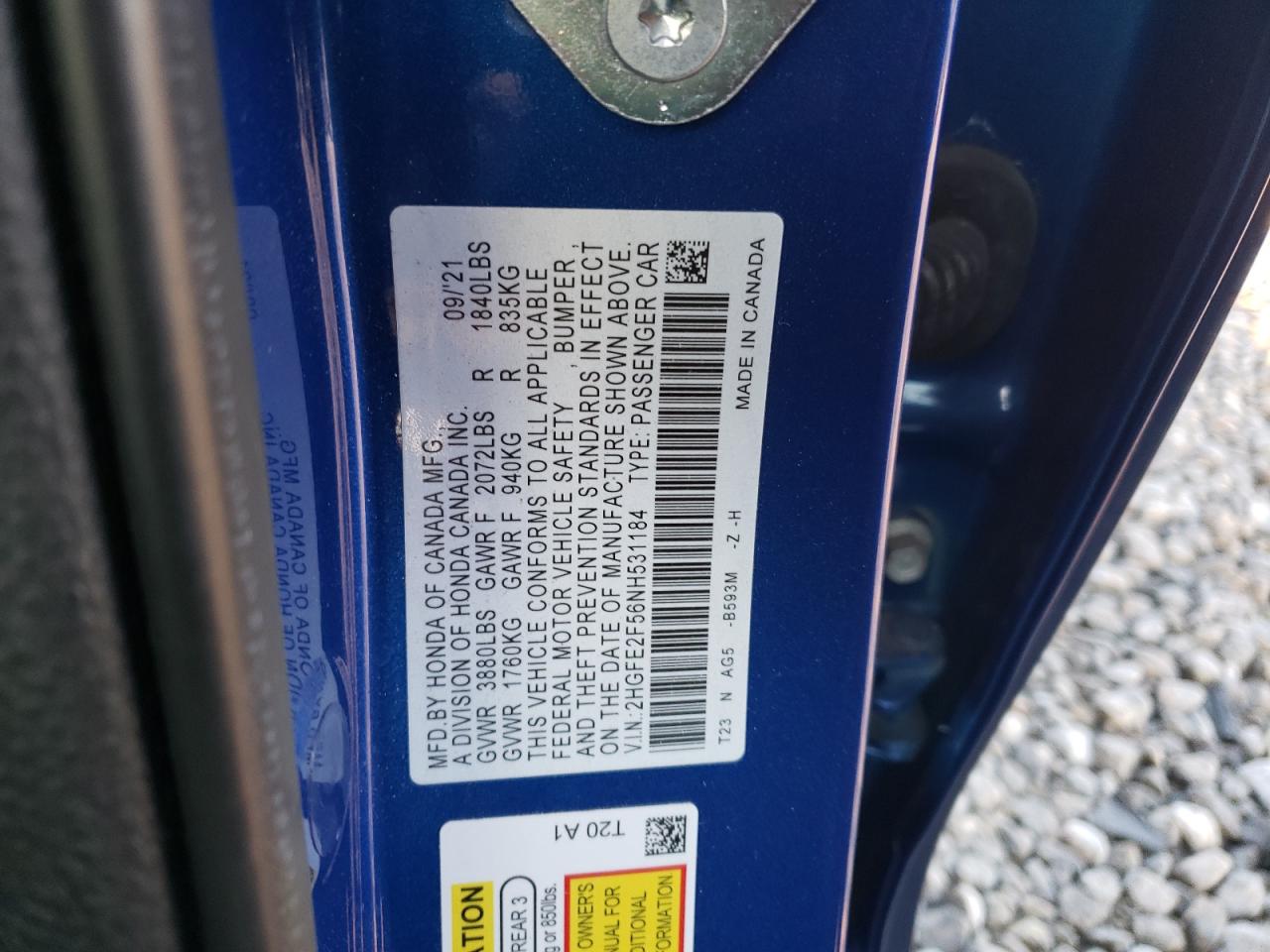 2022 HONDA CIVIC SPORT VIN:2HGFE2F56NH531184