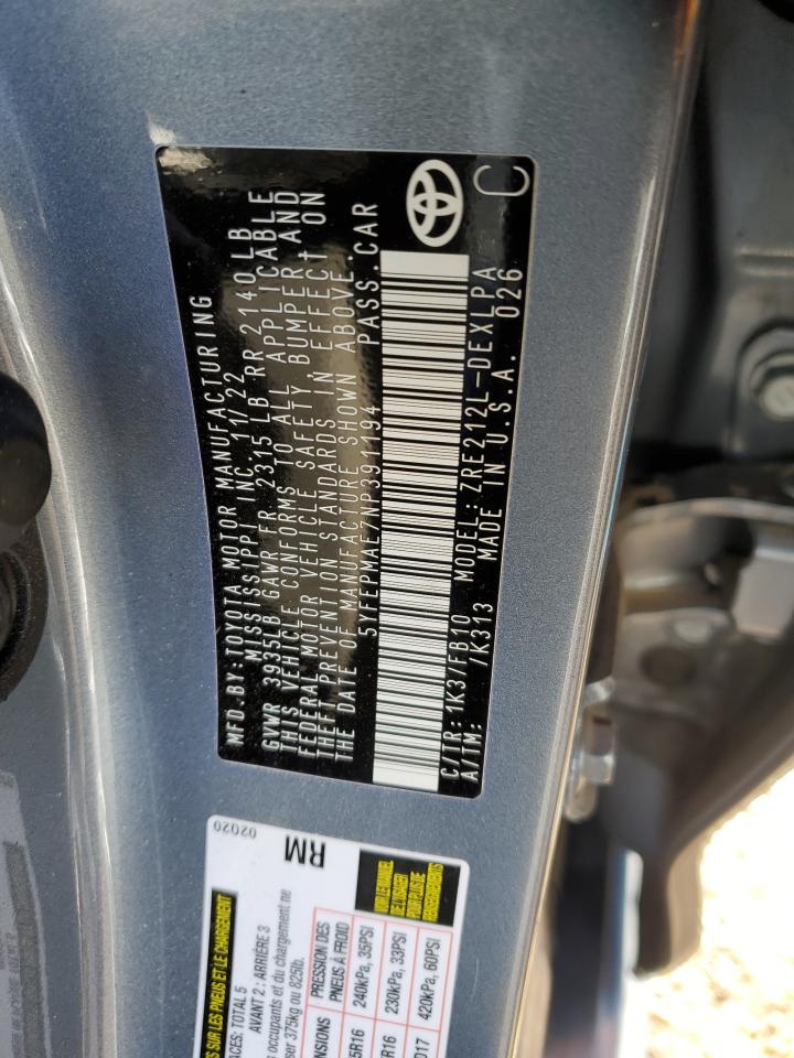 2022 TOYOTA COROLLA LE VIN:5YFEPMAE7NP391194