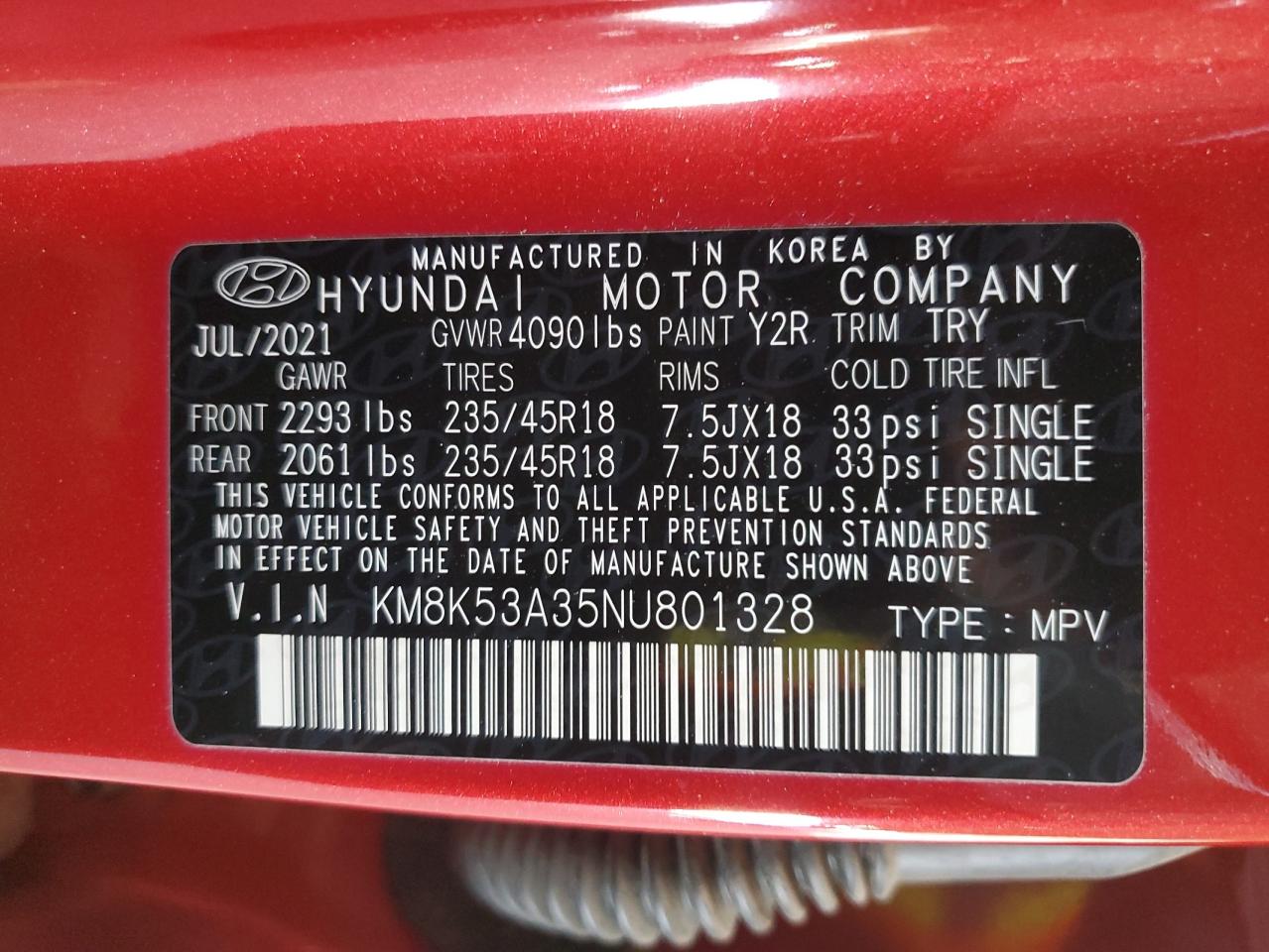 2022 HYUNDAI KONA LIMITED VIN:KM8K53A35NU801328