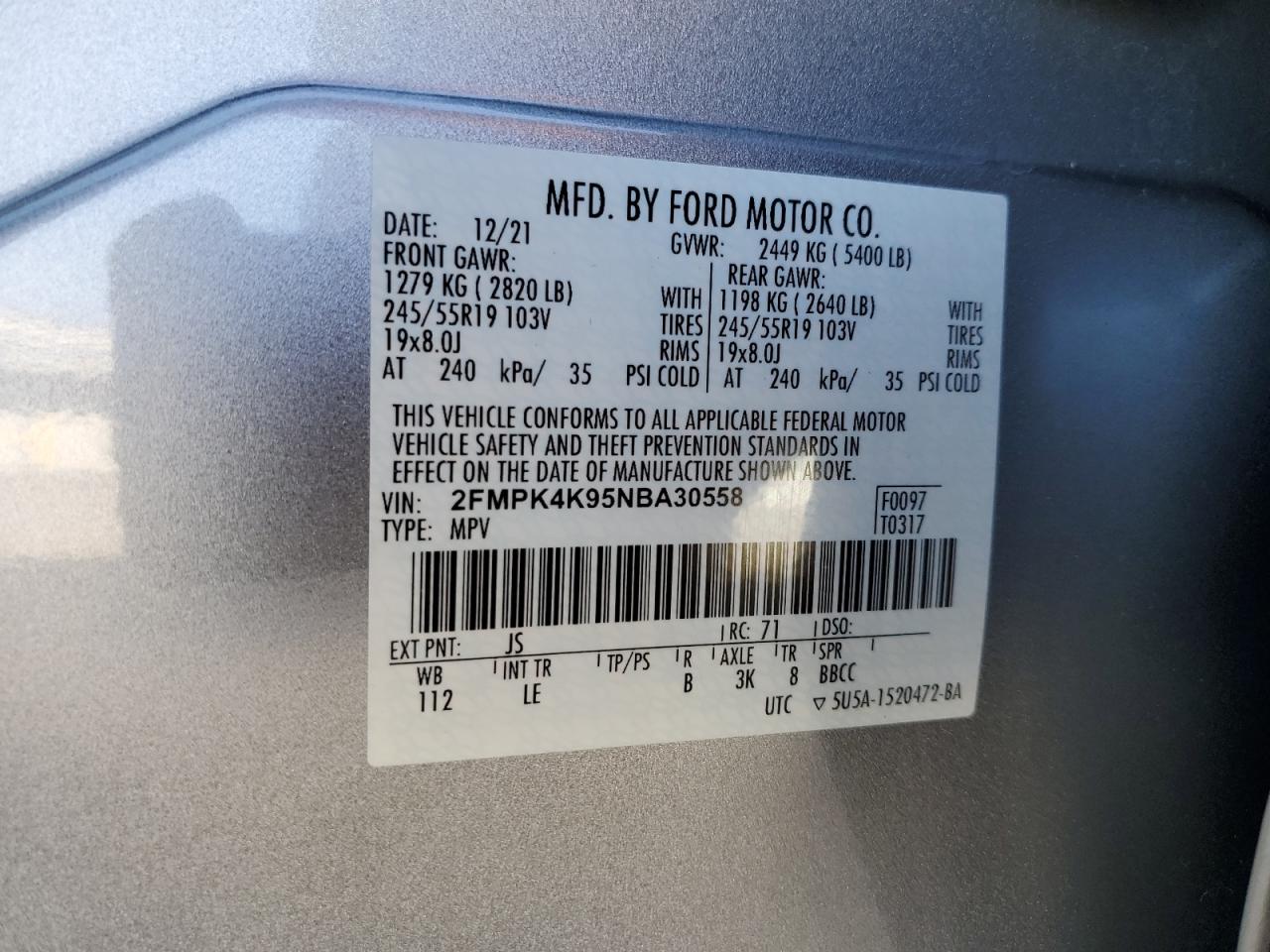 2022 FORD EDGE TITANIUM VIN:2FMPK4K95NBA30558