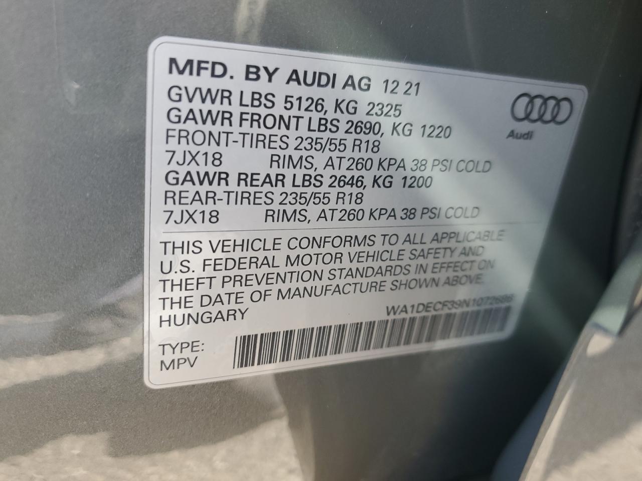 2022 AUDI Q3 PREMIUM S LINE 45 VIN:WA1DECF39N1072686