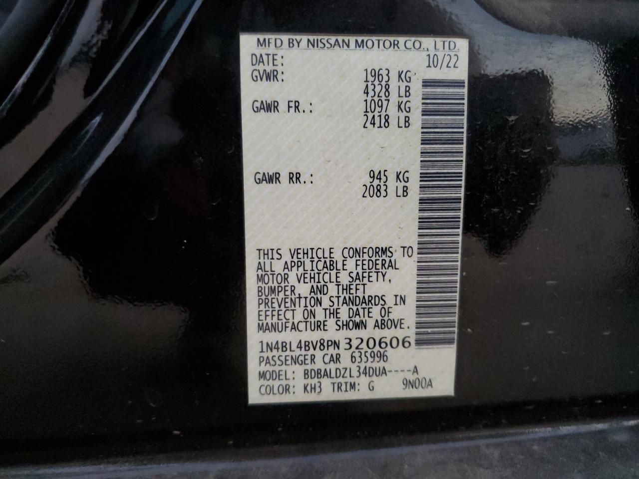 2023 NISSAN ALTIMA S VIN:1N4BL4BV8PN320606