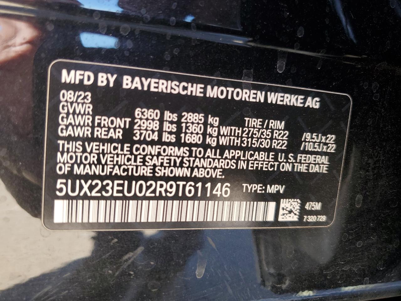 2024 BMW X5 XDRIVE40I VIN:5UX23EU02R9T61146