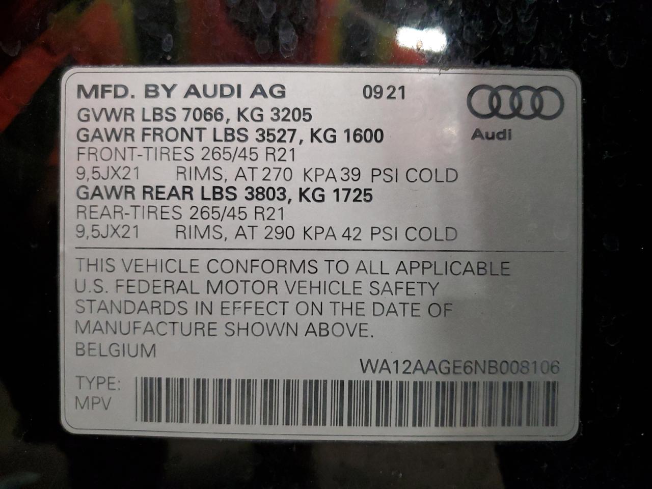 2022 AUDI E-TRON SPORTBACK PREMIUM PLUS VIN:WA12AAGE6NB008106