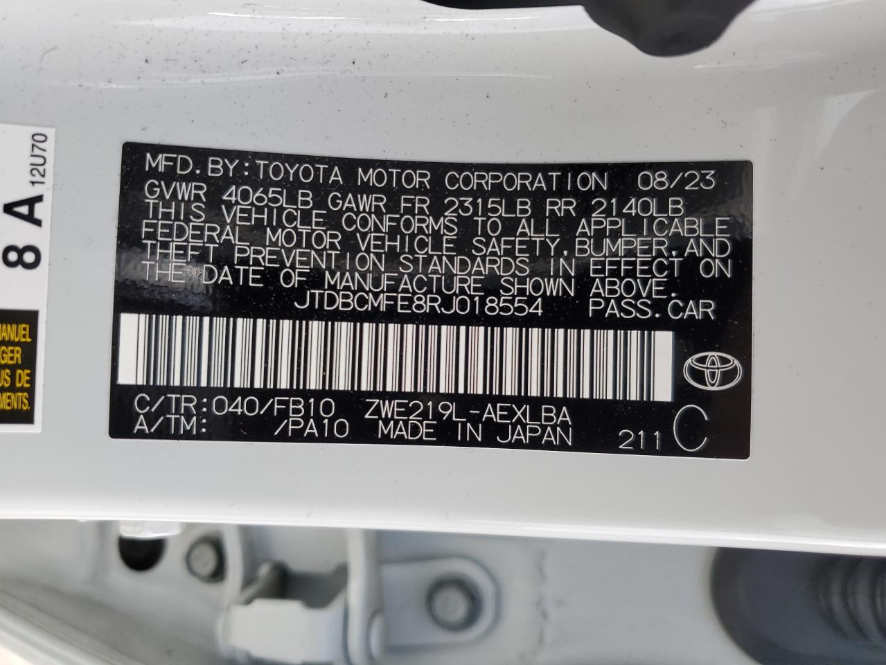 2024 TOYOTA COROLLA LE VIN:JTDBCMFE8RJ018554