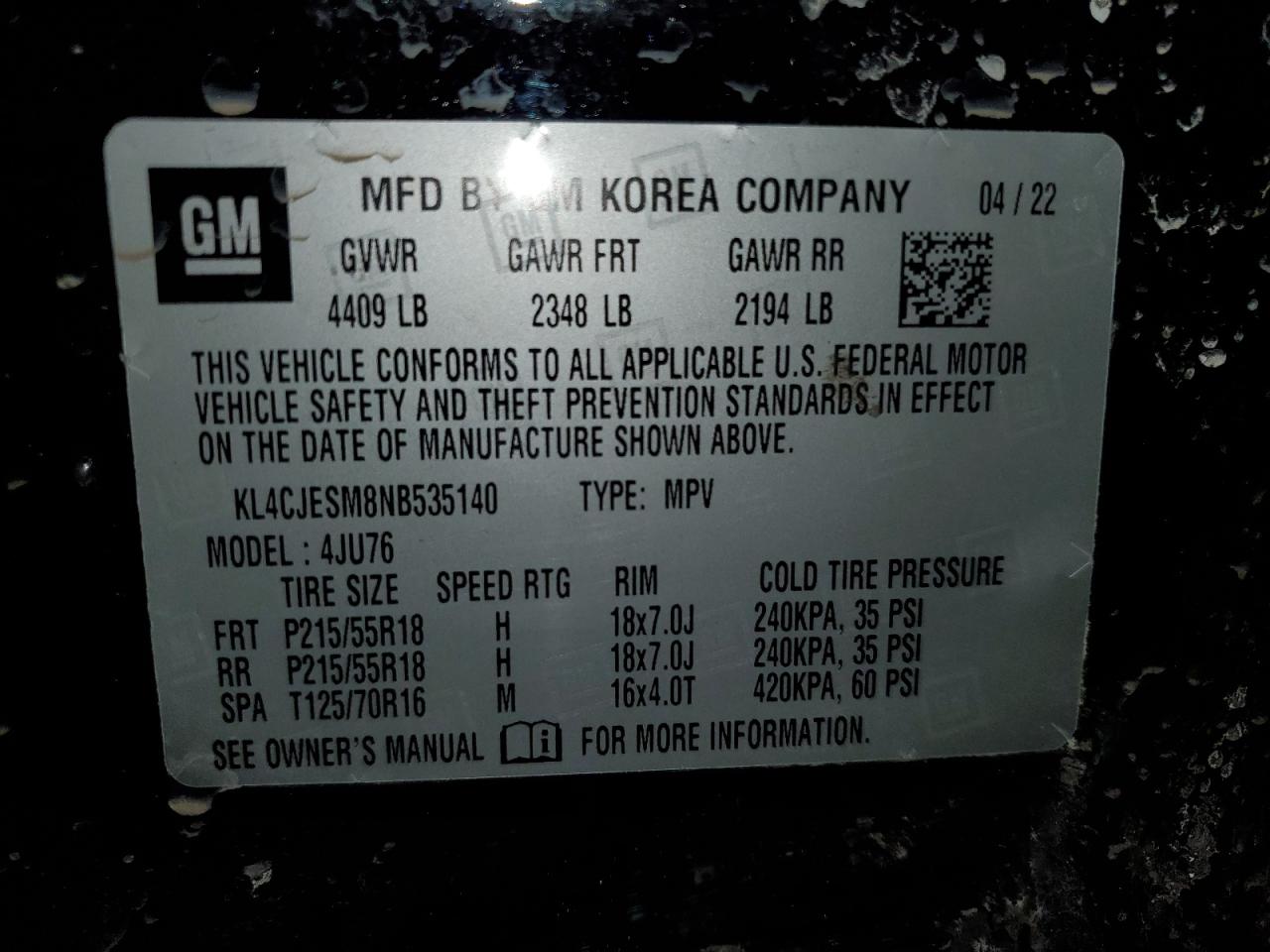 2022 BUICK ENCORE PREFERRED VIN:KL4CJESM8NB535140